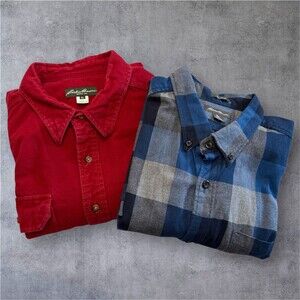 Lot of 2 Mens Eddie Bauer XL Plaid Flannel Long Sleeve Blue Red Shirts Outdoor
